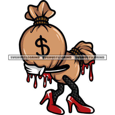 Funny Woman Money Bag Cartoon Character Holding Heavy Weight Money Bag Blood Dripping Design Element White Background SVG JPG PNG Vector Clipart Cricut Silhouette Cut Cutting