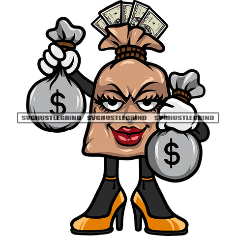 Money Bag Cartoon Character Smile Face And Hand Holding Money Bag Cute Face Big Eyes Design Element White Background Character Standing SVG JPG PNG Vector Clipart Cricut Silhouette Cut Cutting