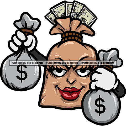 Money Bag Cartoon Character Smile Face And Hand Holding Money Bag Cute Face Big Eyes Design Element White Background SVG JPG PNG Vector Clipart Cricut Silhouette Cut Cutting
