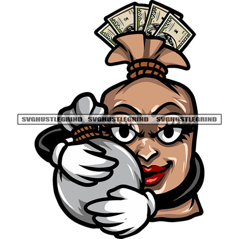Money Bag Gangster Hand Holding Money Bag Smile Face Design Element Dripping Money White Background Smile Face SVG JPG PNG Vector Clipart Cricut Silhouette Cut Cutting