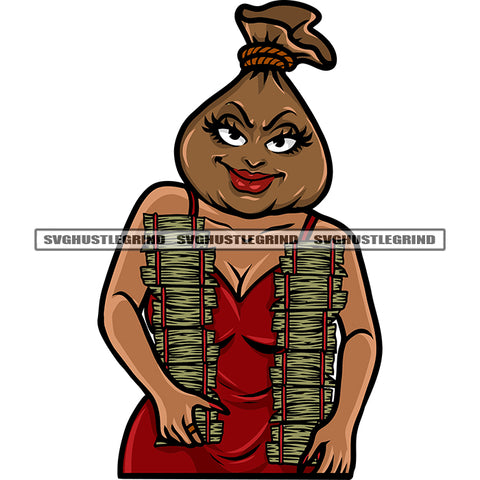 Woman Funny Cartoon Character Head Money Bag Smile Face Hand Holding Lot Of Money Bundle White Background SVG JPG PNG Vector Clipart Cricut Silhouette Cut Cutting