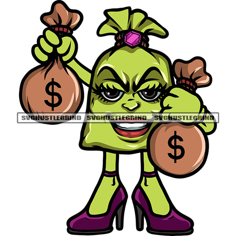 African American Gangster Money Bag Cartoon Character Hand Holding Money Bag Smile Face Design Element Dollar Sign SVG JPG PNG Vector Clipart Cricut Silhouette Cut Cutting