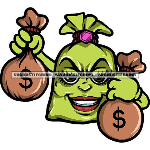 Smile Face Cartoon Character Money Bag Holding Money Bag Double Hand Design Element White Background SVG JPG PNG Vector Clipart Cricut Silhouette Cut Cutting