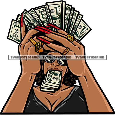 African American Woman Hand Holding Money Note And Note On Mouth Design Element Long Nail Wearing Ring And Watch SVG JPG PNG Vector Clipart Cricut Silhouette Cut Cutting