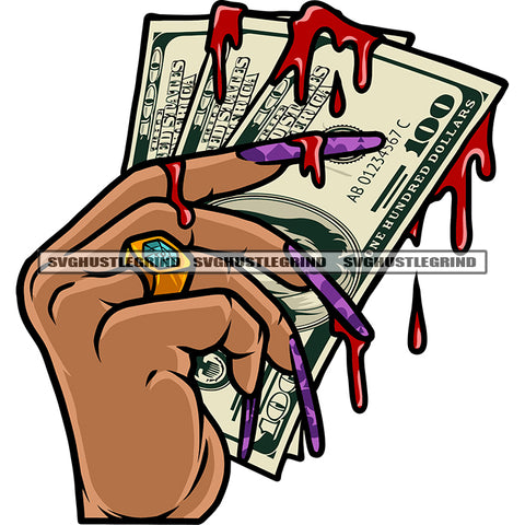 African American Woman Hand Holding Money Note Blood Dripping On Note Wearing Dimond Ring Long Nail White Background SVG JPG PNG Vector Clipart Cricut Silhouette Cut Cutting
