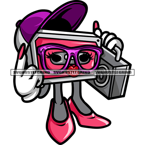 Music Box Cartoon Character Hand Holding Music Box Design Element Wearing Sunglass White Background SVG JPG PNG Vector Clipart Cricut Silhouette Cut Cutting