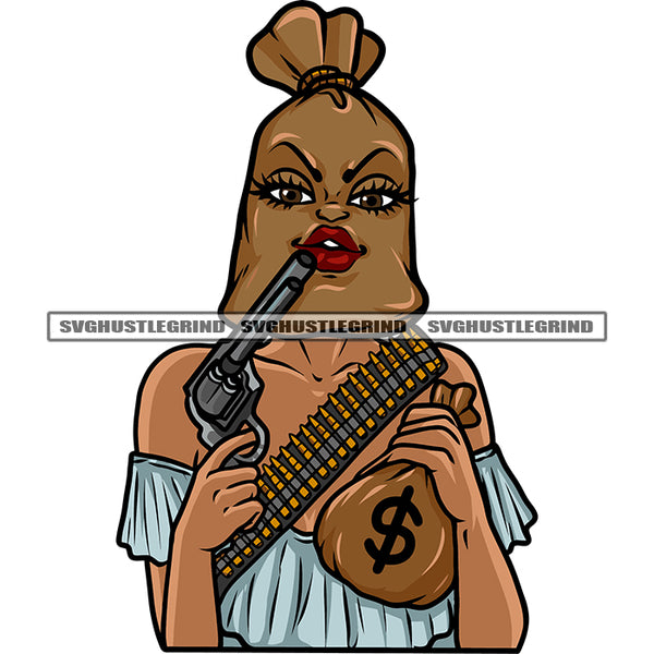 Gangster African American Woman Hand Holding Gun Smile Face Cartoon Character Head Money Bag Design Element SVG JPG PNG Vector Clipart Cricut Silhouette Cut Cutting