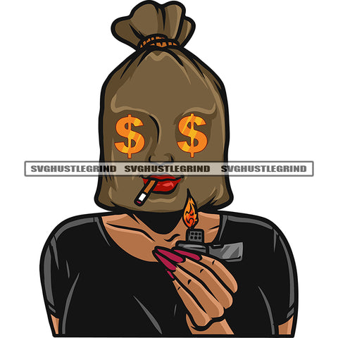 Smoking Gangster African American Woman Head Money Bag Hand Holding Lighter And Eyes Dollar Sign Design Element White Background SVG JPG PNG Vector Clipart Cricut Silhouette Cut Cutting