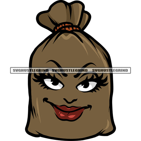 Smile Face Money Bag Cartoon Character On Floor Design Element Red Color Lips And Big Eyes White Background Gangster Thief Bag SVG JPG PNG Vector Clipart Cricut Silhouette Cut Cutting