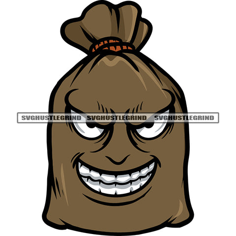 Angry Face Money Bag Cartoon Character On Floor White Teeth Out Of Mouth Design Element White Background SVG JPG PNG Vector Clipart Cricut Silhouette Cut Cutting