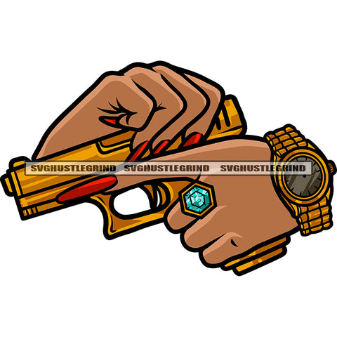 Gangster African American Woman Hand Holding Gun Golden Color Long Nail Design Element White Background SVG JPG PNG Vector Clipart Cricut Silhouette Cut Cutting