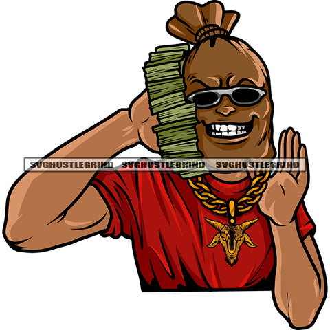 African American Gangster Man Hand Holding Money Bundle Smile Face Afro Man Wearing Money Bag Design Element Goat Locket SVG JPG PNG Vector Clipart Cricut Silhouette Cut Cutting