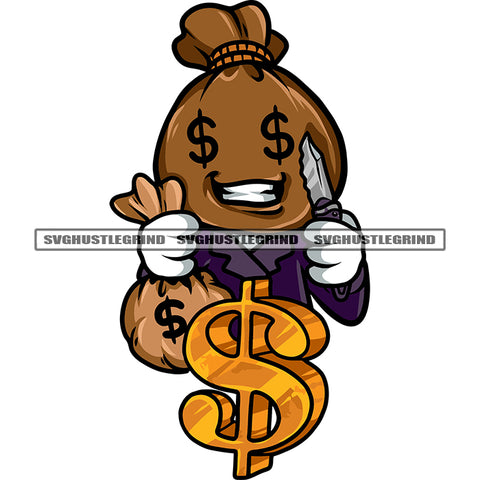 Funny Money Bag Cartoon Character Hand Holding Money Bag And Sward Smile Face Dollar Sign On Front Design Element SVG JPG PNG Vector Clipart Cricut Silhouette Cut Cutting