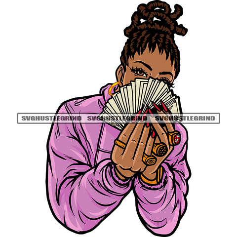 Gangster African American Woman Hand Holding Money Note Locus Hairstyle Afro Girls Long Nail And Wearing Dimond Ring Hide Face White Background SVG JPG PNG Vector Clipart Cricut Silhouette Cut Cutting