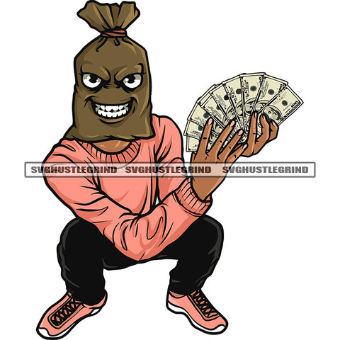 Cartoon Character Money Bag Head On African American Man Face Design Element Sitting Pose Hand Holding Dollar Note SVG JPG PNG Vector Clipart Cricut Silhouette Cut Cutting