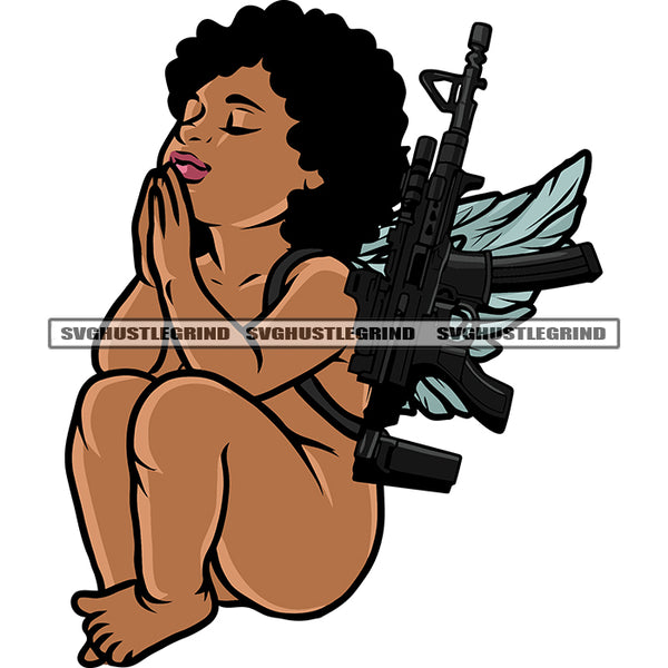 Naked African American Angle Hard Praying Hand Afro Hairstyle Holding Gun Sitting Pose White Background SVG JPG PNG Vector Clipart Cricut Silhouette Cut Cutting