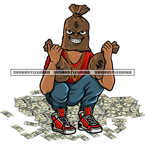 Smile Face Gangster African American Character Sitting Pose Hand Holding Money Bag Design Element Lot Of Money On Floor White Background SVG JPG PNG Vector Clipart Cricut Silhouette Cut Cutting