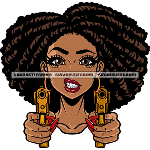 Angry Face African American Woman Double Hand Holding Golden Gun Afro Girls Wearing Hoop Earing Locus Hairstyle White Background SVG JPG PNG Vector Clipart Cricut Silhouette Cut Cutting
