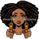 Cute Face African American Girls Double Hand Holding Golden Gun Afro Girls Wearing Hoop Earing Locus Hairstyle White Background SVG JPG PNG Vector Clipart Cricut Silhouette Cut Cutting