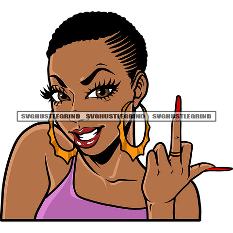 African American Woman Showing Middle Finger Wearing Hoop Earing Design Element Afro Hairstyle Smile Face White Background SVG JPG PNG Vector Clipart Cricut Silhouette Cut Cutting
