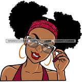 Smile Face Gangster African American Girls Hand Holding Sunglass And Wearing Hoop Earing Afro Puffy Hairstyle White Background SVG JPG PNG Vector Clipart Cricut Silhouette Cut Cutting