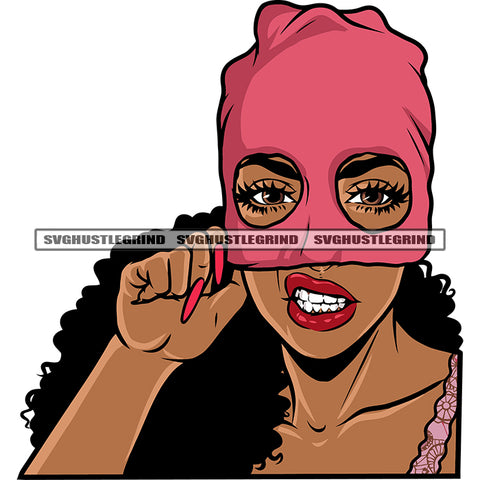 Angry Face African American Woman Wearing Ski Mask Red Color Curly Hairstyle Long Nail Design Element SVG JPG PNG Vector Clipart Cricut Silhouette Cut Cutting