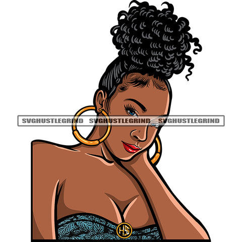 Smile Face Gangster Melanin Woman Wearing Hoop Earing Curly Hairstyle African America Woman Face Design Element SVG JPG PNG Vector Clipart Cricut Silhouette Cut Cutting
