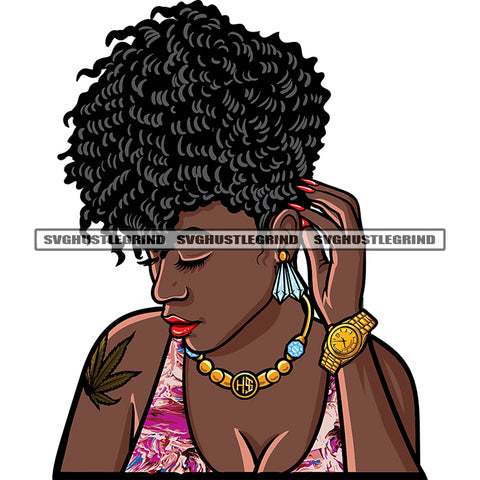 African American Woman Face Design Element Afro Hairstyle Marijuana Leaves Tattoo On Hand Melanin Black Beauty SVG JPG PNG Vector Clipart Cricut Silhouette Cut Cutting