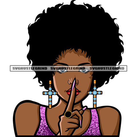 Keep Silent Hand Sign Design Element Melanin Woman Afro Short Hairstyle African American Woman Wearing Cross Design Earing White Background SVG JPG PNG Vector Clipart Cricut Silhouette Cut Cutting