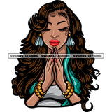 Hard Praying Hand Black Beauty Woman African American Smile Face Woman Close Eyes Design Element Curly Long Hairstyle SVG JPG PNG Vector Clipart Cricut Silhouette Cut Cutting
