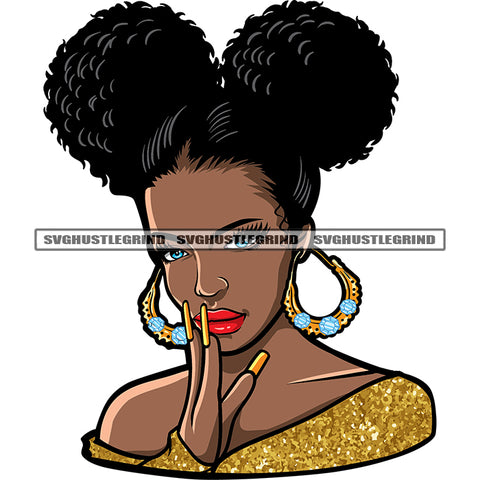 Black Beauty Woman Smile Face African American Woman Wearing Hoop Earing Long Nail Afro Puffy Hairstyle SVG JPG PNG Vector Clipart Cricut Silhouette Cut Cutting