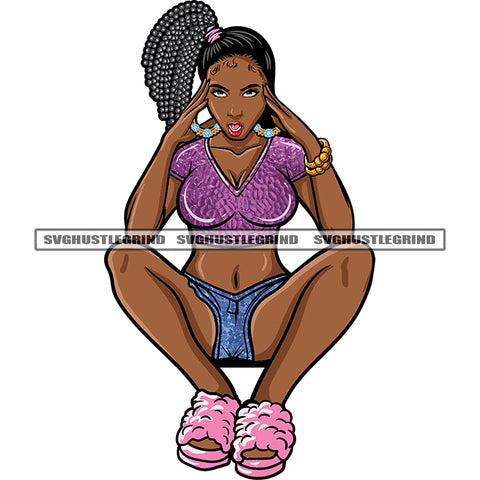 Melanin Sexy African American Woman Sitting Pose Afro Girls Angry Face Locus Hairstyle White Background SVG JPG PNG Vector Clipart Cricut Silhouette Cut Cutting