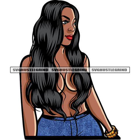 Melanin Sexy Woman Long Hairstyle Cute Face Black Beauty African American Woman Smile Face White Background SVG JPG PNG Vector Clipart Cricut Silhouette Cut Cutting