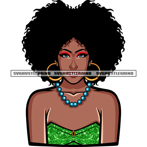 Melanin Gangster African American Woman Face Design Element Black Beauty Wearing Hoop Earing Puffy Afro Hairstyle SVG JPG PNG Vector Clipart Cricut Silhouette Cut Cutting