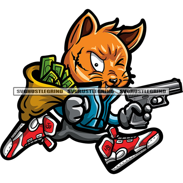Scarface Gangster Cat Running And Hand Holding Gun And Money Bundle Bag White Background Smile Face Design Element SVG JPG PNG Vector Clipart Cricut Silhouette Cut Cutting