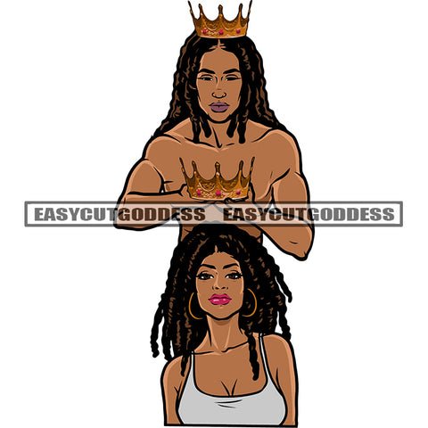Gangster Melanin Couple Locus Long Hairstyle Crown On Man Head Smile Face Design Element African American Couple Artwork SVG JPG PNG Vector Clipart Cricut Silhouette Cut Cutting