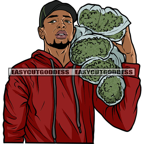 African American Man Hand Holding Weed Bundle Marijuana Leaves Wearing Cap Design Element Attitude Face White Background SVG JPG PNG Vector Clipart Cricut Silhouette Cut Cutting