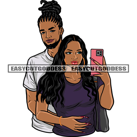 African American Couple Hug Each Other Take Selfie Pose Girls Wearing Hoop Earing Design Element Long Afro Hairstyle SVG JPG PNG Vector Clipart Cricut Silhouette Cut Cutting