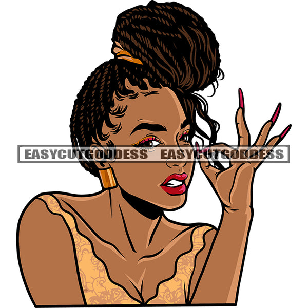 Melanin Woman Showing Ok Hand Sign Afro Short Hairstyle Design Element Africa American Girls Hand Long Nail White Background SVG JPG PNG Vector Clipart Cricut Silhouette Cut Cutting