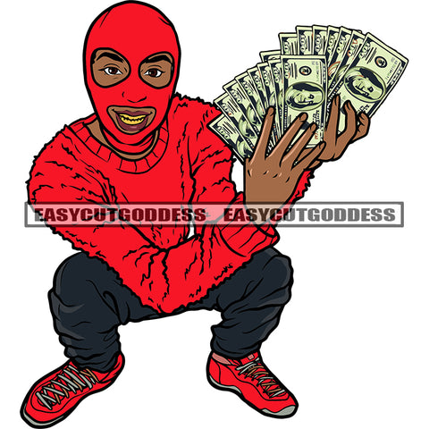 African American Gangster Man Hand Holding Money And Showing Money Note Wearing Red Color Ski Mask Afro Man Golden Teeth SVG JPG PNG Vector Clipart Cricut Silhouette Cut Cutting