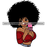 Sexy African American Woman Take Selfie Pose Hand Holding Phone Design Element Puffy Hairstyle White Background SVG JPG PNG Vector Clipart Cricut Silhouette Cut Cutting