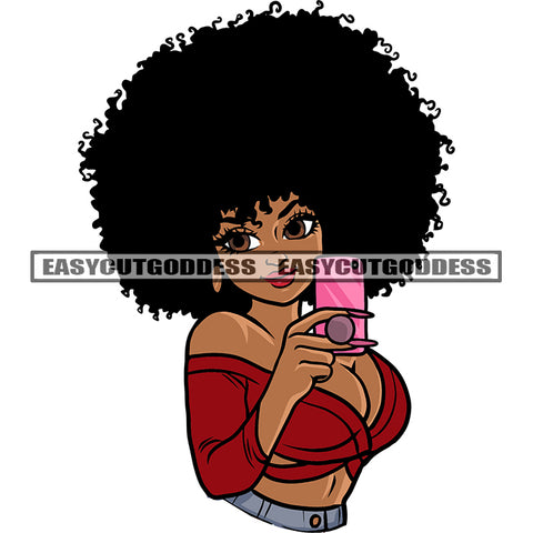 Sexy African American Woman Take Selfie Pose Hand Holding Phone Design Element Puffy Hairstyle White Background SVG JPG PNG Vector Clipart Cricut Silhouette Cut Cutting