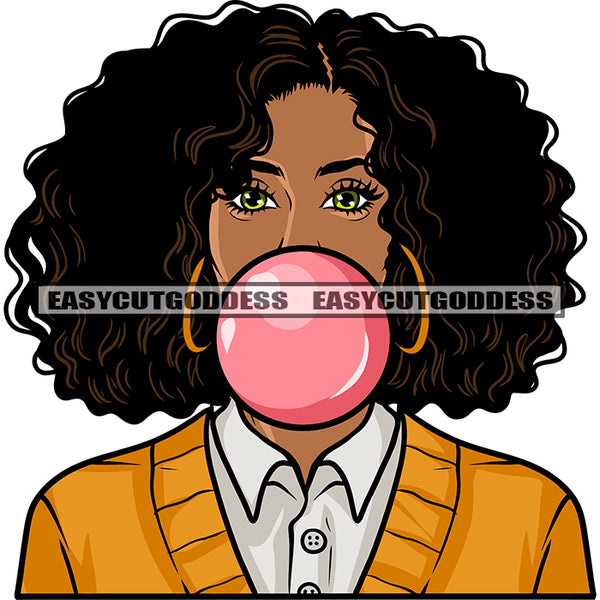 African American Woman Face Design Element Curly Short Hairstyle Bubble Gun On Mouth Wearing Hoop Earing White Background SVG JPG PNG Vector Clipart Cricut Silhouette Cut Cutting