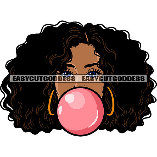 African American Woman Face Design Element Curly Short Hairstyle Bubble Gun On Mouth Wearing Hoop Earing White Background SVG JPG PNG Vector Clipart Silhouette Cut Cutting