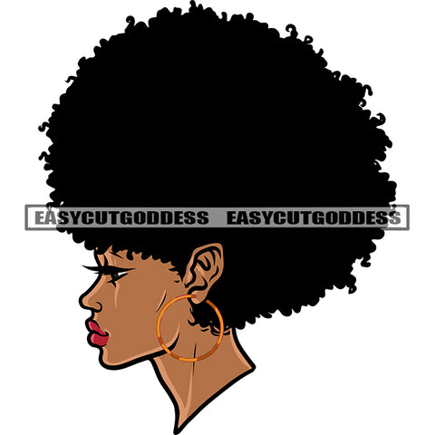 African American Black Beauty Woman Face Design Element Afro Girls Wearing Hoop Earing Side Face Pose Puffy Hairstyle SVG JPG PNG Vector Clipart Cricut Silhouette Cut Cutting