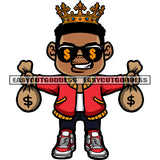 Gangster African American Man Hand Holding Money Bag Crown On Head Crown On Head Afro Boy Smile Face Wearing Sunglass Design Element SVG JPG PNG Vector Clipart Cricut Silhouette Cut Cutting