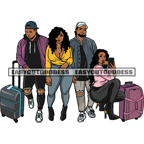African American Couple Artwork Sexy Melanin Woman Sitting Pose Curly Hairstyle Man Holding Travel Bag And Wearing Cap SVG JPG PNG Vector Clipart Cricut Silhouette Cut Cutting