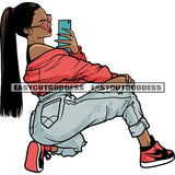 Gangster African American Woman Sitting Pose And Take Selfie Pose Long Hairstyle Afro Girls Wearing Sunglass White Background SVG JPG PNG Vector Clipart Cricut Silhouette Cut Cutting