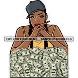 African American Gangster Woman Sitting Pose Money Note On Floor Long Nail Design Element Afro Girls Wearing Cap SVG JPG PNG Vector Clipart Cricut Silhouette Cut Cutting