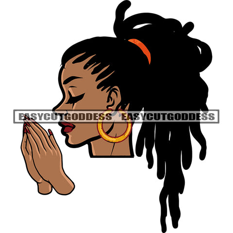 Harp Praying Hand Locus Long Hairstyle African American Woman Side Face Wearing Hoop Earing Close Eyes Design Element SVG JPG PNG Vector Clipart Cricut Silhouette Cut Cutting